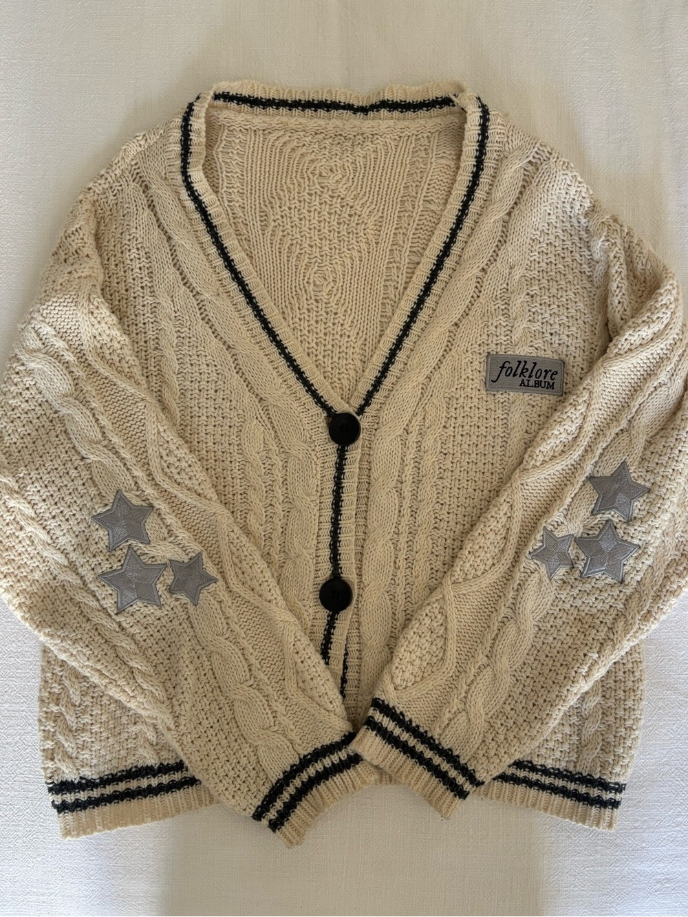 Taylor Swift Folklore Cream Cable Knit Cardigan with Gray Star Elbow Patches